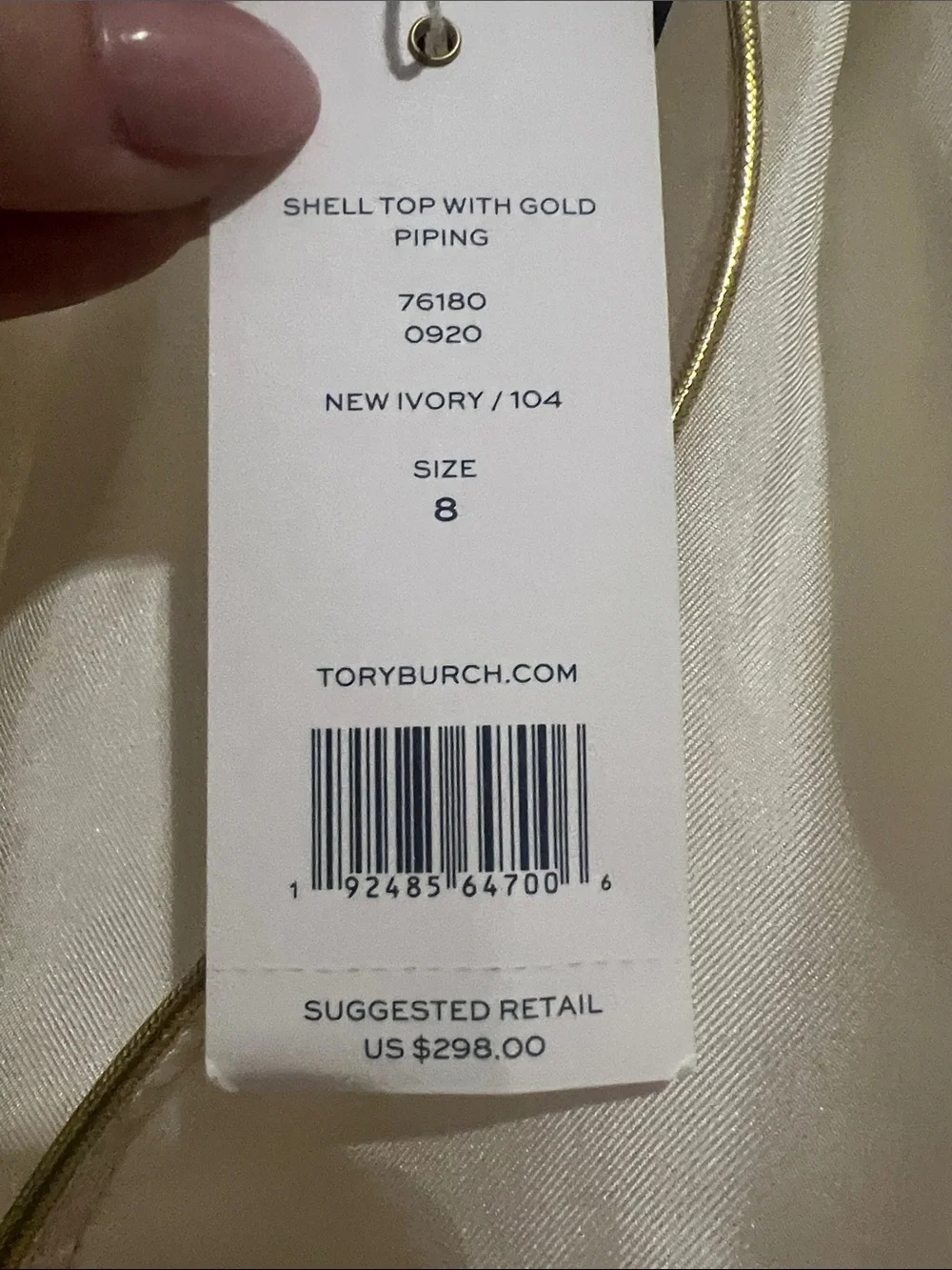 Tory Burch Ivory Satin Sleeveless Shell with Gold Trim